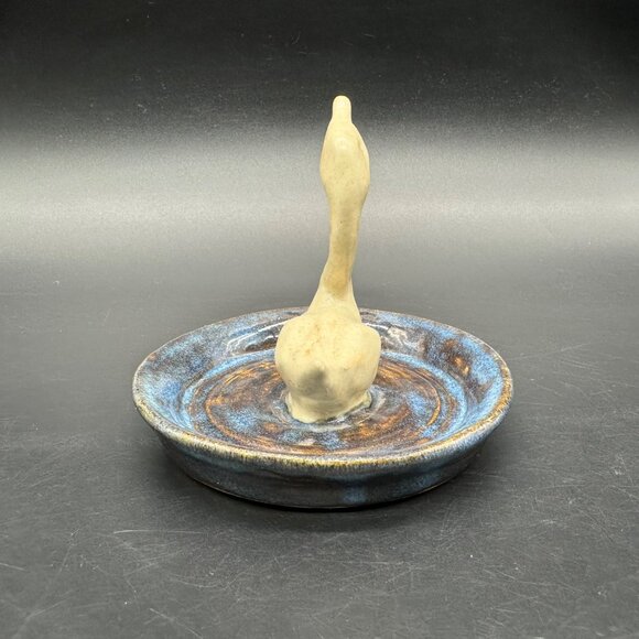 Art Pottery Swan Ring Dish Trinket Holder Bird Figurine Jewelry Blue Signed - Picture 5 of 10